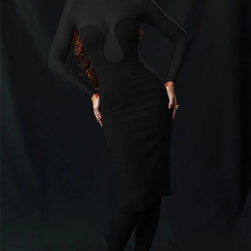 Load image into Gallery viewer, Elegant Strapless Sexy Midi Dress For Women Fashion Sheer Long Sleeve Backless Split Bodycon Club Party Sexy Long Dress
