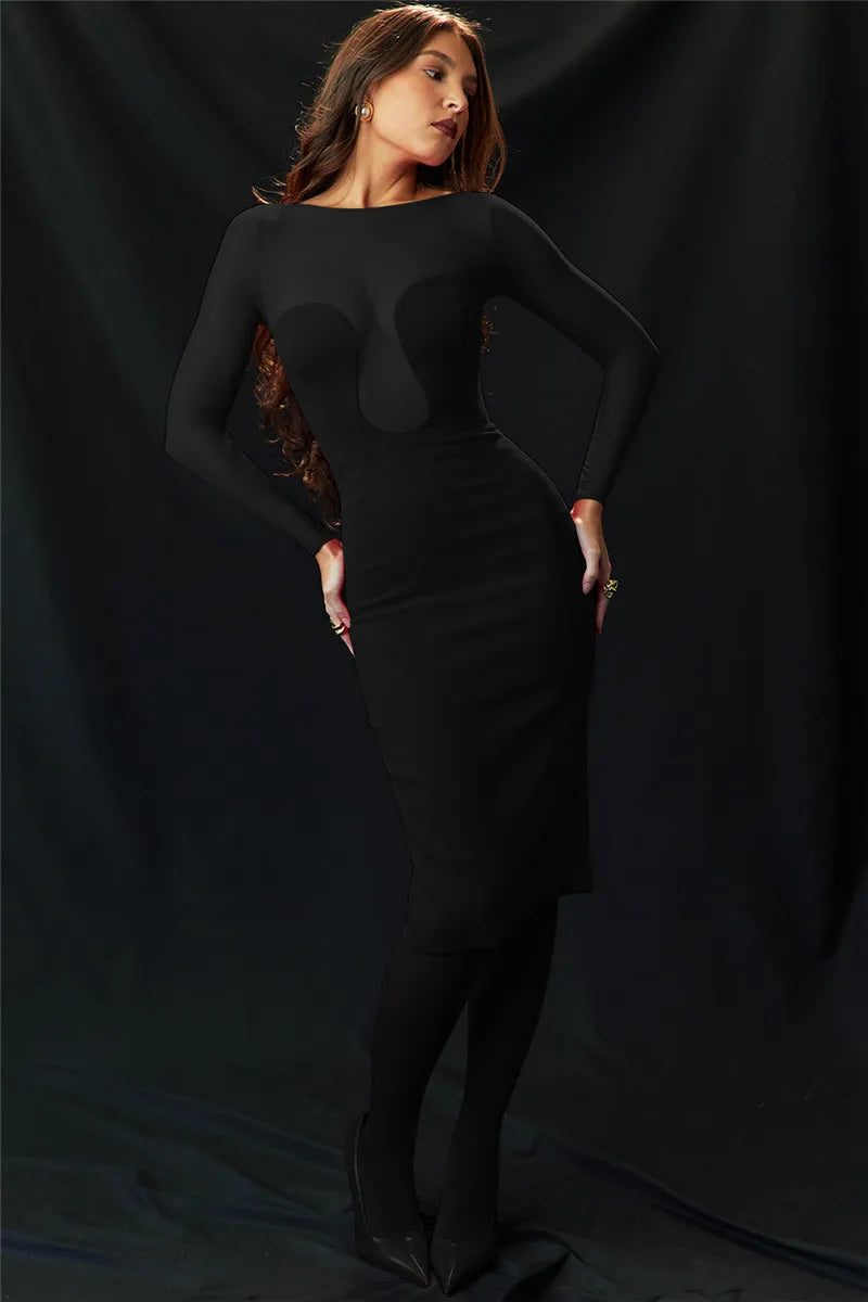 Elegant Strapless Sexy Midi Dress For Women Fashion Sheer Long Sleeve Backless Split Bodycon Club Party Sexy Long Dress