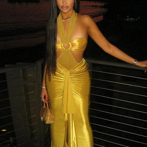 Load image into Gallery viewer, Sexy Sleeveless Hanging Collar Top Slim Split Long Skirt Two-piece Set For Women Spring 2025 New Pleated Shiny Skirt Set
