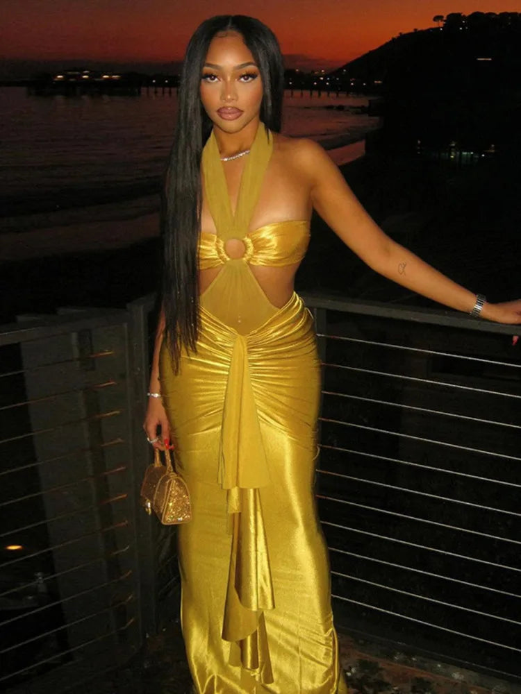 Sexy Sleeveless Hanging Collar Top Slim Split Long Skirt Two-piece Set For Women Spring 2025 New Pleated Shiny Skirt Set