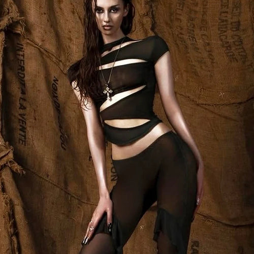 Load image into Gallery viewer, Hollow t-Shirts Women o-Neck Skinny Elasticity Sexy Summer New Trend Midnight Hip-Hop Style Versatile Classic Mini Tops
