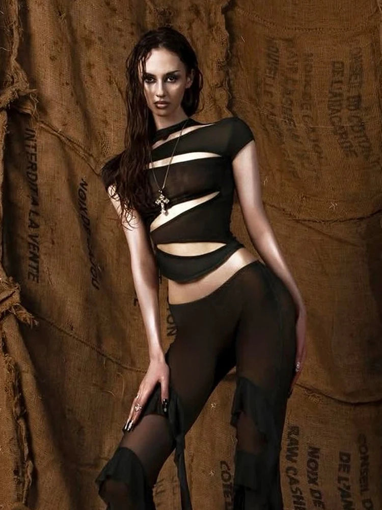 Hollow t-Shirts Women o-Neck Skinny Elasticity Sexy Summer New Trend Midnight Hip-Hop Style Versatile Classic Mini Tops