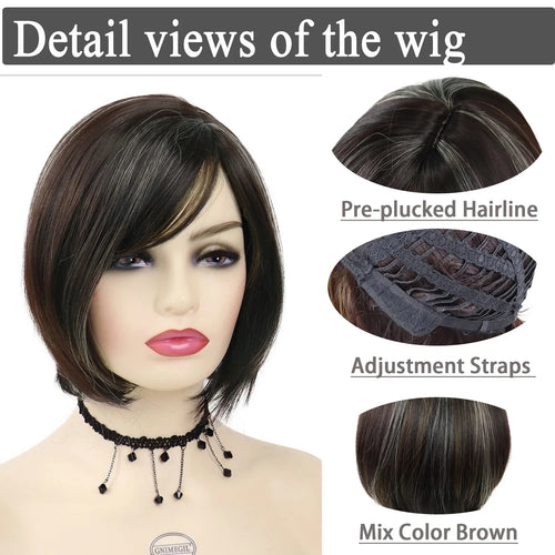 Load image into Gallery viewer, Synthetic Short Bob Wig with Bangs for Women Mix Brown Wigs Highlights Hairstyles Cute Bobs Haircut Mommy Wig Lady Hair
