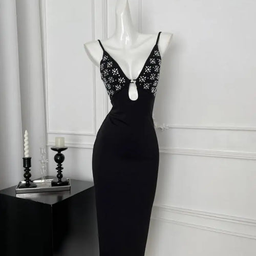 Load image into Gallery viewer, Summer Black Print Hollow Out Backless Party Slip Long Dress Women Sleeveless V Neck Sexy Club Wrapped Hip Dresses Clothes Trend
