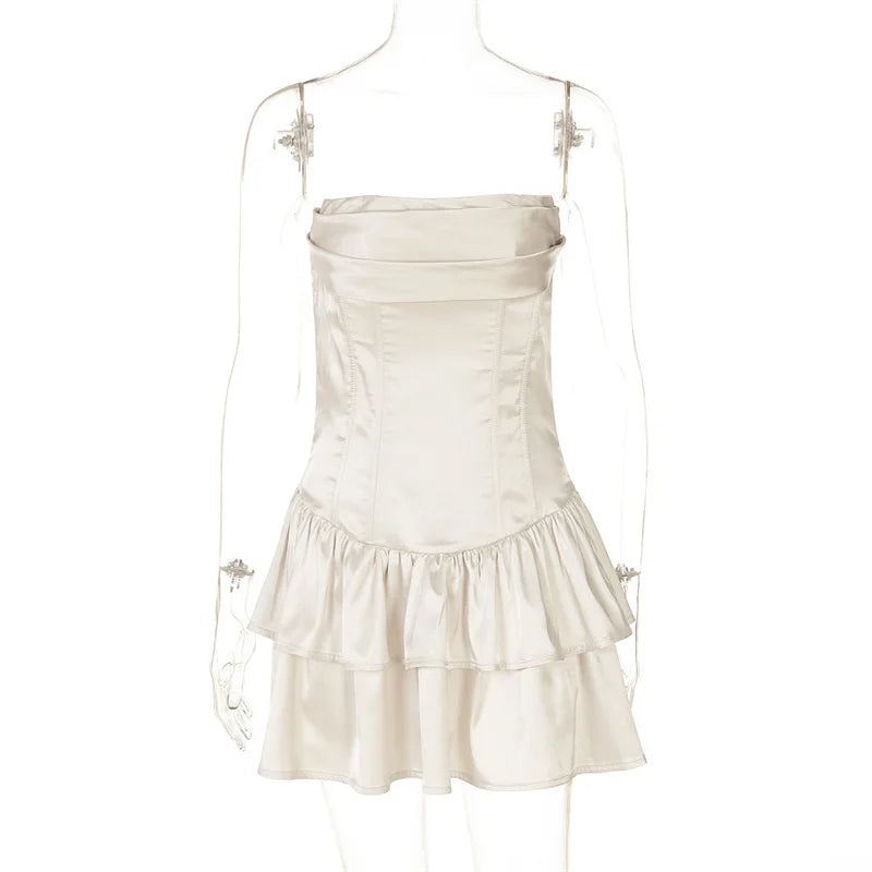 Satin Strapless Sexy Mini Dress Women Fashion Off-shoulder Sleeveless Backless High Waist Ruffle Club Party Dress