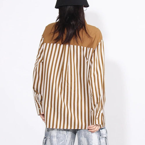 Load image into Gallery viewer, Colorblock Striped Patchwork Zipper Loose Shirts For Women Lapel Long Sleeve Spliced Single Breasted Blouses Female
