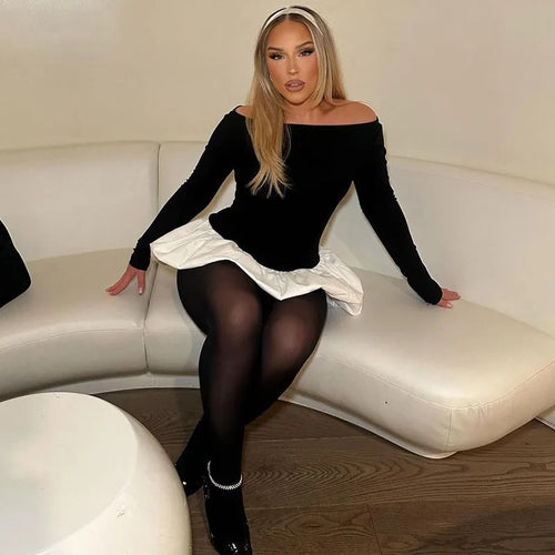 Load image into Gallery viewer, Patchwork Long Sleeve Sexy Mini Dress For Women Color Contrast High Waist A-line Club Party Sexy Puffy Dress Elegant
