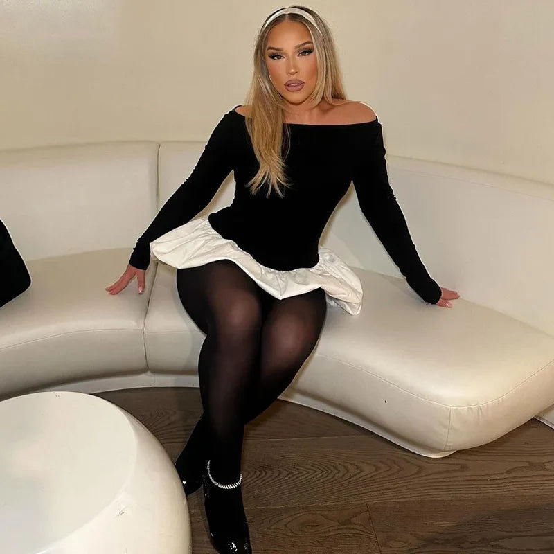 Patchwork Long Sleeve Sexy Mini Dress For Women Color Contrast High Waist A-line Club Party Sexy Puffy Dress Elegant