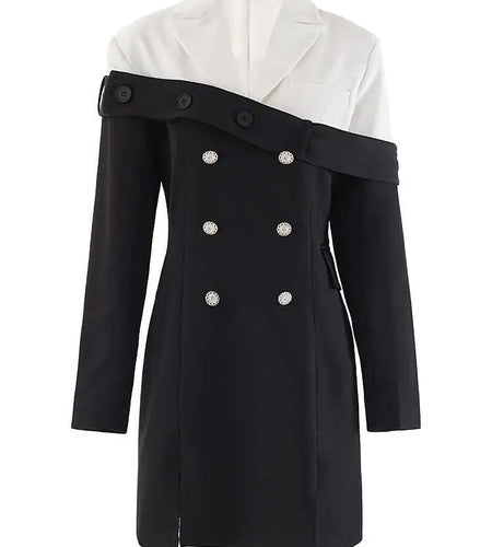 Women Black Double Breasted Color-block Mini Blazer Dress New Lapel Long Sleeve Fashion Tide Spring Autumn 2025 CPDB254