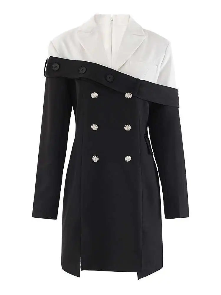 Women Black Double Breasted Color-block Mini Blazer Dress New Lapel Long Sleeve Fashion Tide Spring Autumn 2025 CPDB254