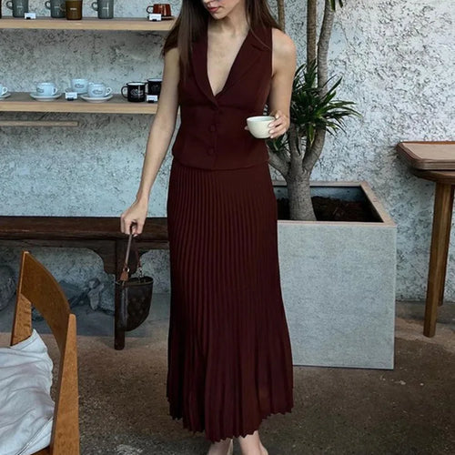 Load image into Gallery viewer, Fashion Skirt Two Piece Sets Women Notched Collar Sleeveless Crop Tops And Midi Skirt Femme Elegant Pleated Skirt Sets
