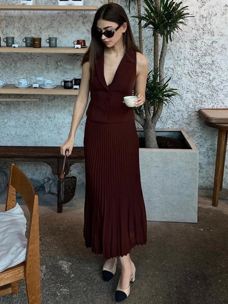 Fashion Skirt Two Piece Sets Women Notched Collar Sleeveless Crop Tops And Midi Skirt Femme Elegant Pleated Skirt Sets