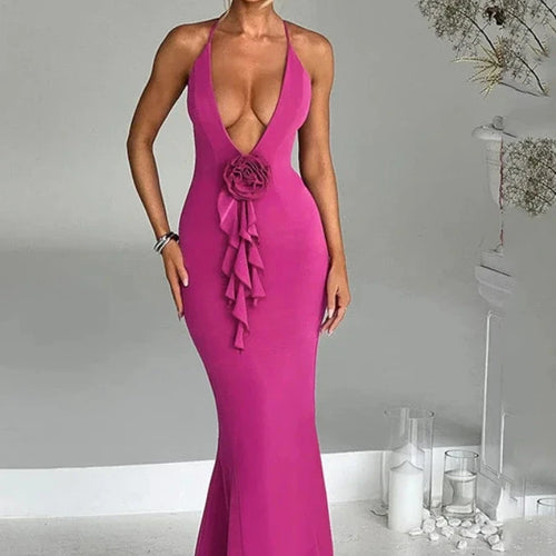 Load image into Gallery viewer, 3d Flower Ruffle Deep V Backless Maxi Dresses Sexy Elegant Evening Dress for Women Party Birthday Outfit C66-CH38
