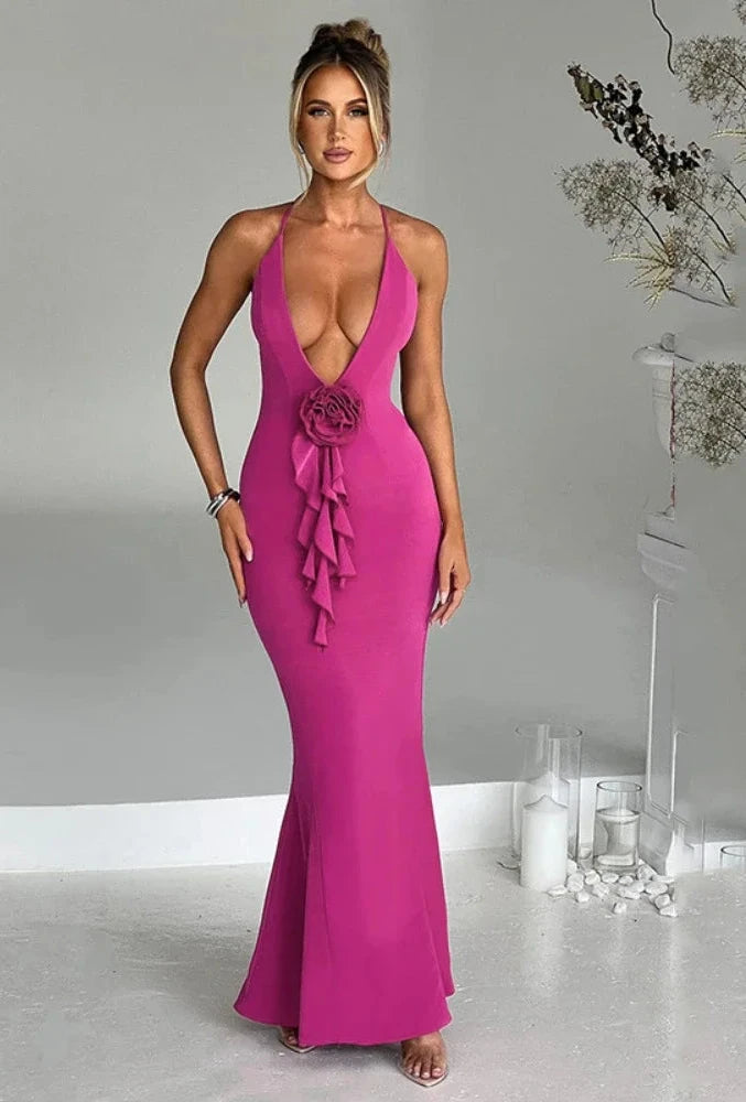 3d Flower Ruffle Deep V Backless Maxi Dresses Sexy Elegant Evening Dress for Women Party Birthday Outfit C66-CH38