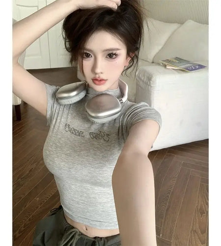 Diamond Y2k Tshirts 2024 Women Clothes Half High Collar Short Sleeve Summer Tees Fashion Casual Tunic Korean T Shirts Ropa Mujer