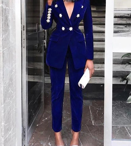 Elegant Two-pieces Women Blazer Suit Casual Streetwear Suits Female Blazer Set Office Ladies Women Coat Suit blue