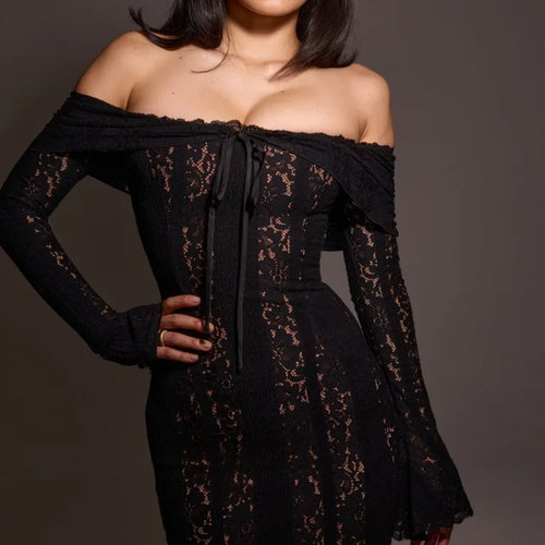 Load image into Gallery viewer, Elegant Lace Patchwork One Shoulder Slim Dress Women Long Sleeved Tight Elastic Skirt Sexy Backless Party Evening Dress
