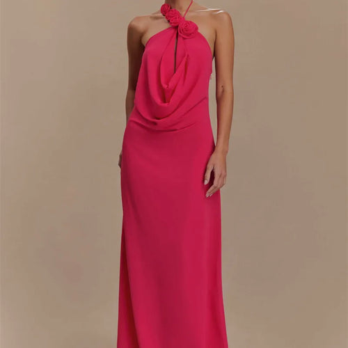 Load image into Gallery viewer, Rose Halter Off-shoulder Sexy Maxi Dress Women Rose Red Sleeveless Backless Lace-up High Waist Club Party Long Dress
