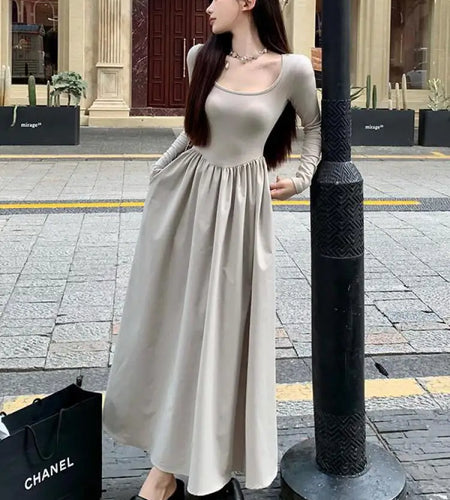 Beige Square Neck Elegant Pleated Dress Women Black Long Sleeve Party Fairy Dress Vintage Autumn 2023 Korean Fashion Popular New