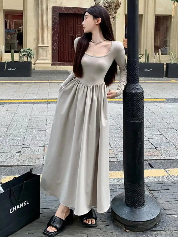 Beige Square Neck Elegant Pleated Dress Women Black Long Sleeve Party Fairy Dress Vintage Autumn 2023 Korean Fashion Popular New