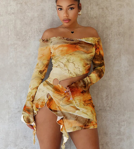 Hollow Out Print Sexy Mini Dress For Women Autumn New Off-shoulder Long Sleeve Bodycon Ruffled Slit Sexy Dress New