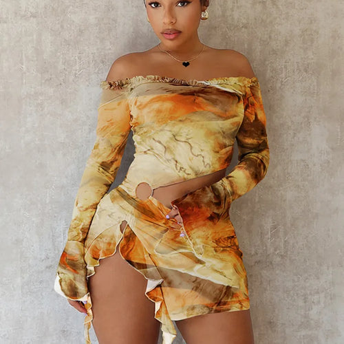 Load image into Gallery viewer, Hollow Out Print Sexy Mini Dress For Women Autumn New Off-shoulder Long Sleeve Bodycon Ruffled Slit Sexy Dress New
