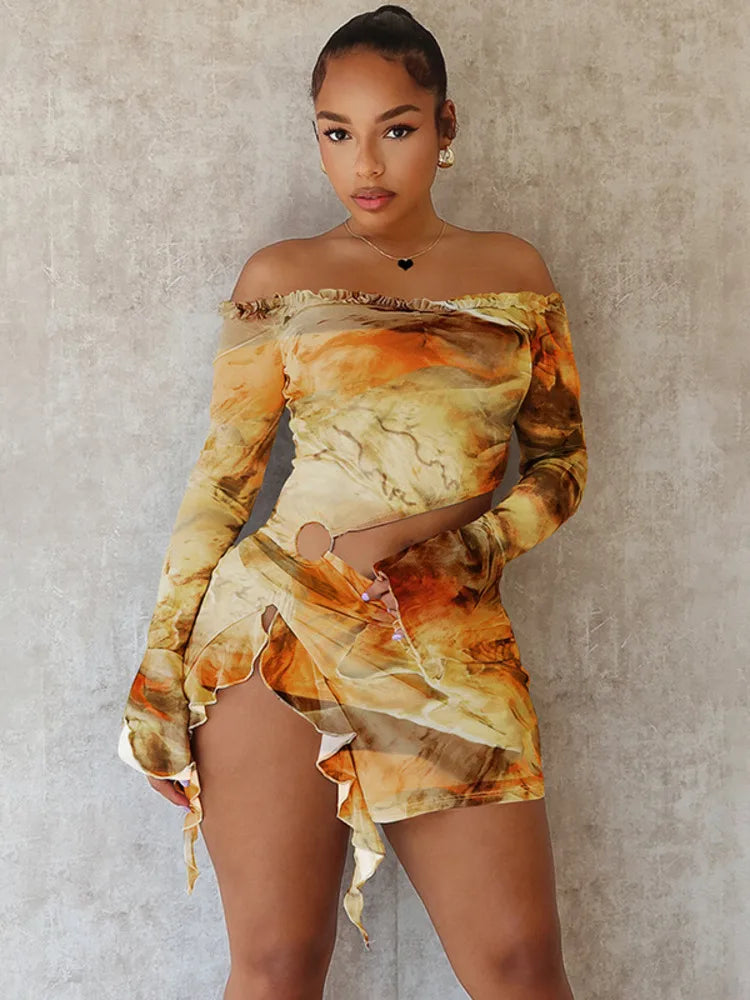 Hollow Out Print Sexy Mini Dress For Women Autumn New Off-shoulder Long Sleeve Bodycon Ruffled Slit Sexy Dress New
