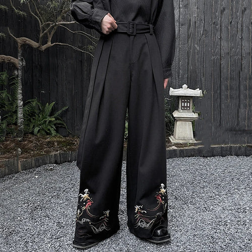 Load image into Gallery viewer, Lace-up Male Wide Leg Pants Casual Pleated Embroidery Men&#39;s Straight Trousers Chinese Style Fashion Spring 9C4105
