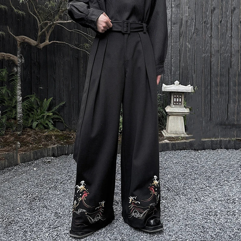 Lace-up Male Wide Leg Pants Casual Pleated Embroidery Men's Straight Trousers Chinese Style Fashion Spring 9C4105