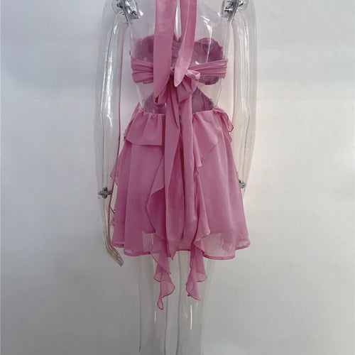 Load image into Gallery viewer, Rose Halter Backless Sexy Mini Dress Women Pink Off-shoulder Strapless Sleeveless High Waist Club Party Beach Dress
