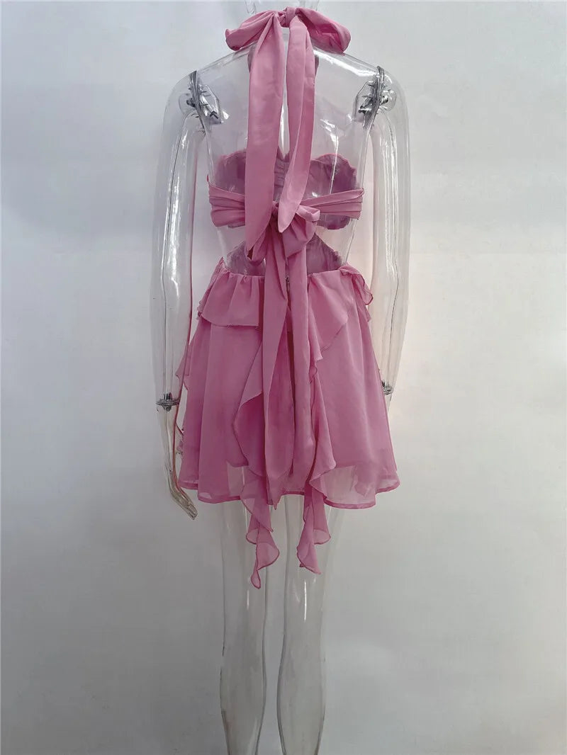 Rose Halter Backless Sexy Mini Dress Women Pink Off-shoulder Strapless Sleeveless High Waist Club Party Beach Dress