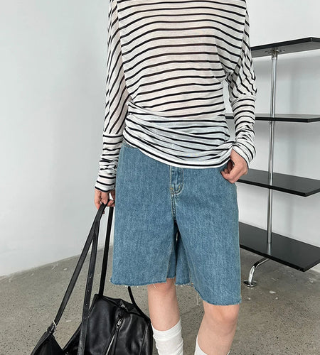 Women Black Striped Irregular Eelgant Big Size T-shirt New Skew Collar Long Sleeve Fashion Tide Spring Autumn 2025 1DJ1308