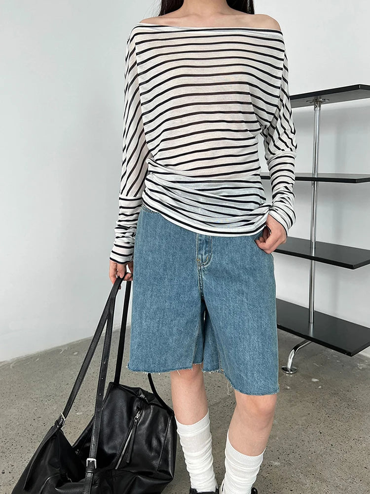 Women Black Striped Irregular Eelgant Big Size T-shirt New Skew Collar Long Sleeve Fashion Tide Spring Autumn 2025 1DJ1308