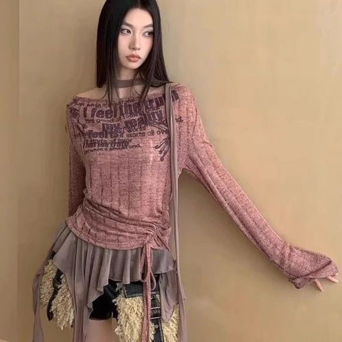 Load image into Gallery viewer, Vintage Patchwork Irregular Ruffled Tops Women Slash Neck Harajuku Drawstring Tshirts Y2k Aesthetic Letter Print Grunge T-shirts
