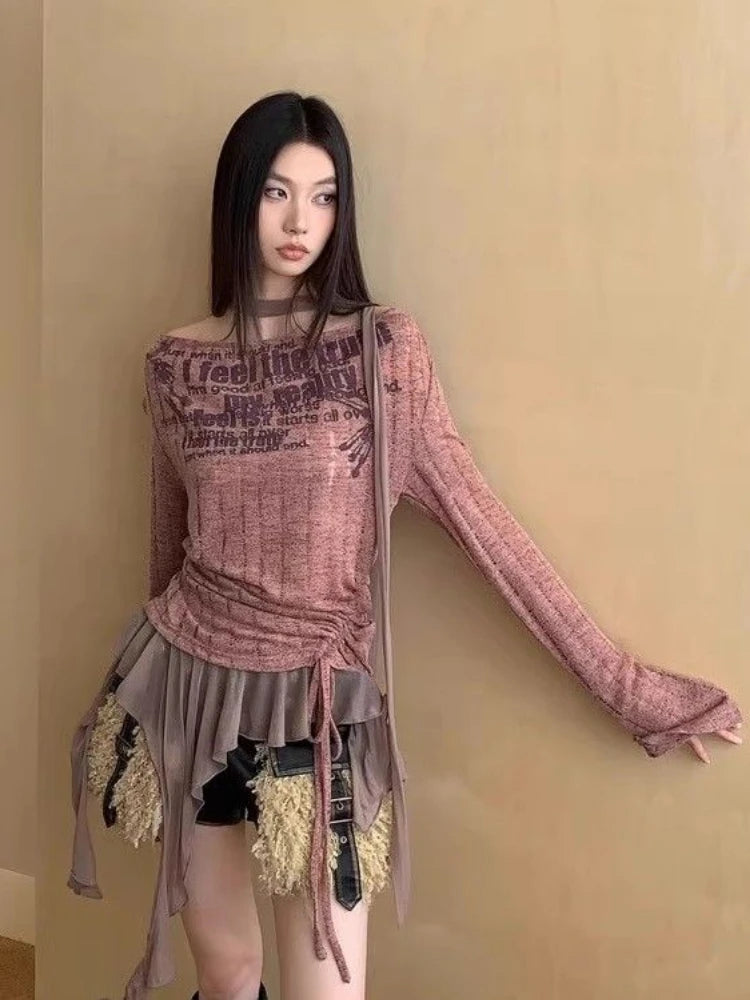 Vintage Patchwork Irregular Ruffled Tops Women Slash Neck Harajuku Drawstring Tshirts Y2k Aesthetic Letter Print Grunge T-shirts