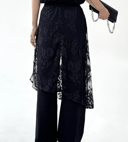 High Elastic Waist Black Lace Irregular Long Wide Leg Pants New Trousers Women Fashion Tide Spring Autumn 2025 1DJ1094