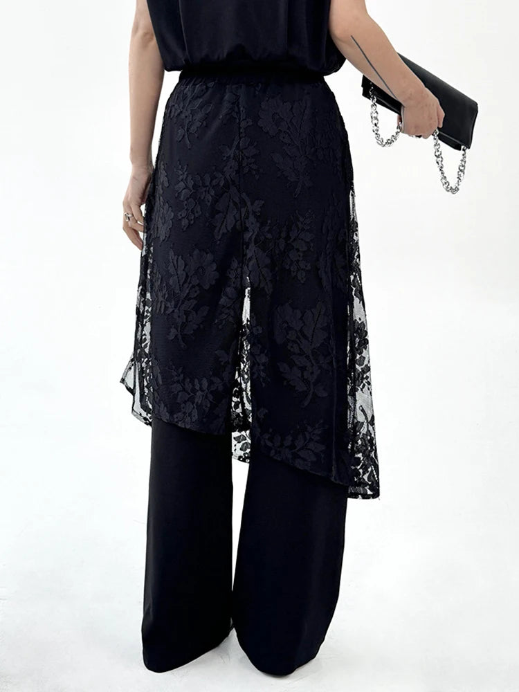 High Elastic Waist Black Lace Irregular Long Wide Leg Pants New Trousers Women Fashion Tide Spring Autumn 2025 1DJ1094