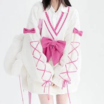 2025 Sweet Contrast Color Grunge Sweaters Fashion All Match Streetwear Bandage Pullover Y2k Aesthetic Loose Bow Jumpers Women