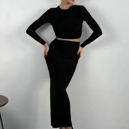 Load image into Gallery viewer, Elegant 2 Pcs Sets Solid Long Sleeve Ruched Sexy Crop T-Shirt Top Maxi Skirt Fall Women Clothes Birthday Party Festival
