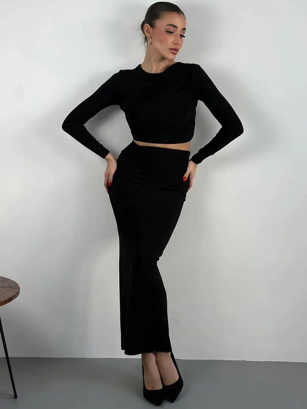 Elegant 2 Pcs Sets Solid Long Sleeve Ruched Sexy Crop T-Shirt Top Maxi Skirt Fall Women Clothes Birthday Party Festival