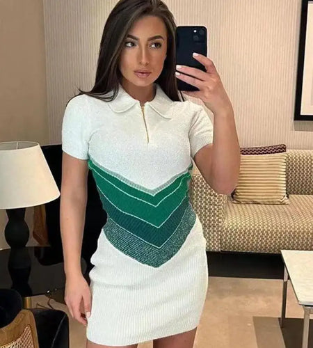 Korean Fashion Blue Green Rose Red Stripe Patchwork Short Sleeve Knitted Short Dress Women's Summer Elegant Slim Mini Dress Chic