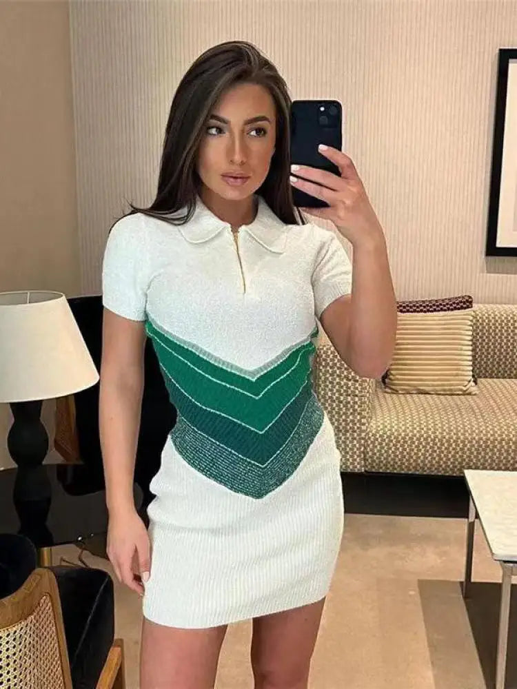 Korean Fashion Blue Green Rose Red Stripe Patchwork Short Sleeve Knitted Short Dress Women's Summer Elegant Slim Mini Dress Chic