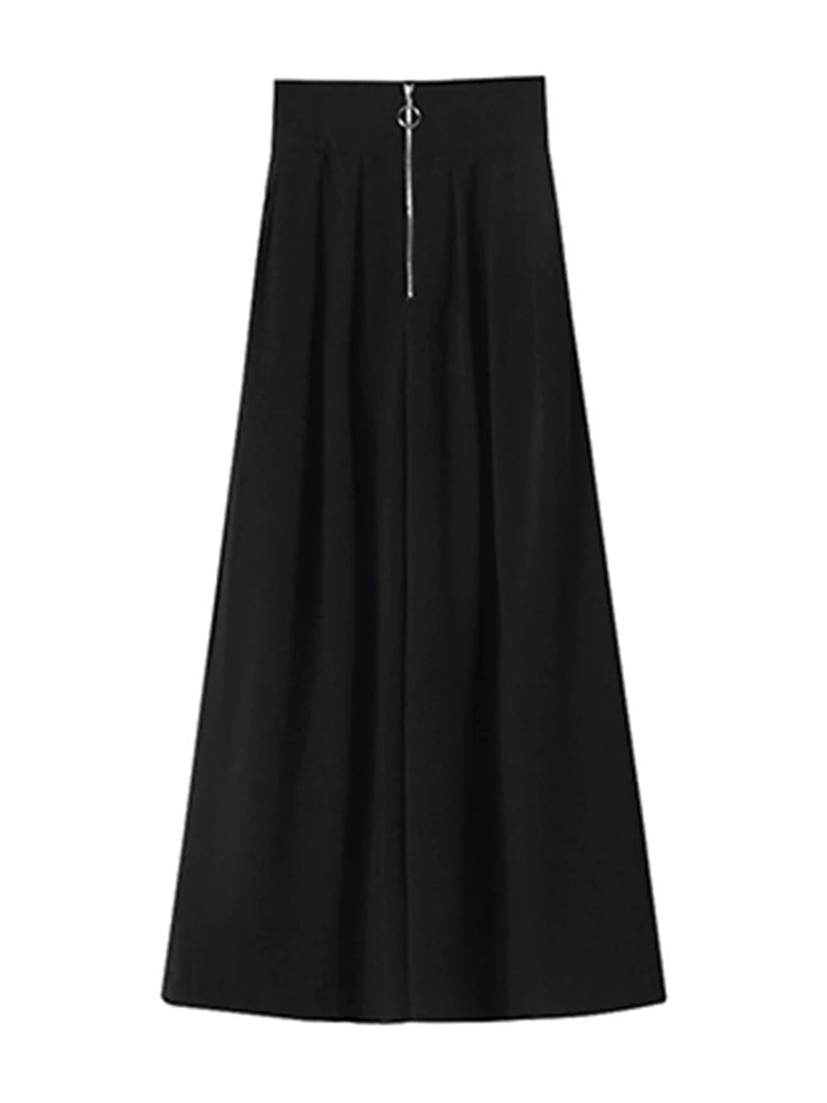 Black Patchwork Zipper Wide Leg Pants For Women High Waist Loose Solid Minimalist Trousers Female Summer Clothing