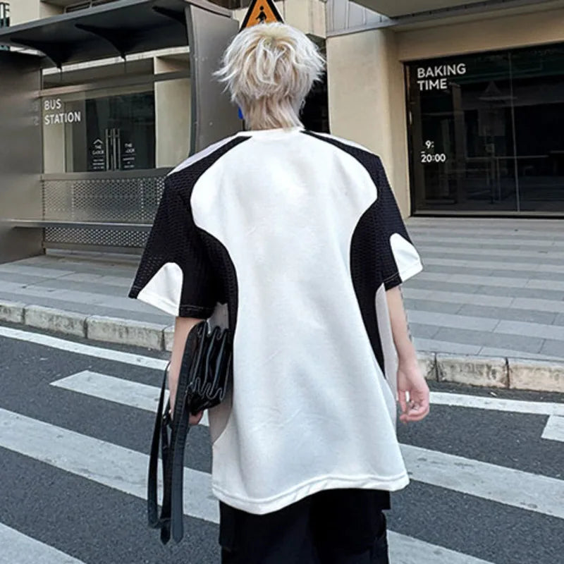 Male Short Sleeve T-shirts Summer Fashion Mesh Splicing Contrast Color Loose Round Neck Men's T-shirt Pullover Top 9W1494