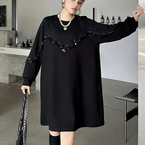 Load image into Gallery viewer, Women Black Sequins Big Size Knee-Length Casual Dress New Round Neck Long Sleeve Fashion Tide Spring Autumn 2025 1DH8736
