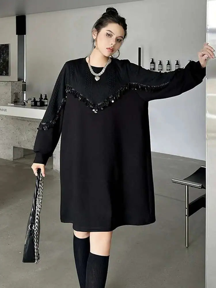Women Black Sequins Big Size Knee-Length Casual Dress New Round Neck Long Sleeve Fashion Tide Spring Autumn 2025 1DH8736