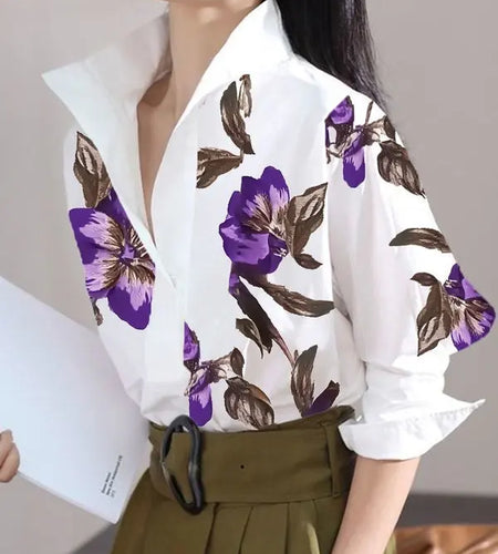 Summer Spring Casual White Shirts for Women Long Sleeves Urban Elegant Stand Collar Woman Flower Print Blouse Tops