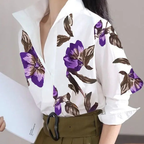 Load image into Gallery viewer, Summer Spring Casual White Shirts for Women Long Sleeves Urban Elegant Stand Collar Woman Flower Print Blouse Tops
