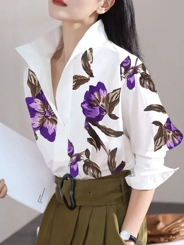 Summer Spring Casual White Shirts for Women Long Sleeves Urban Elegant Stand Collar Woman Flower Print Blouse Tops