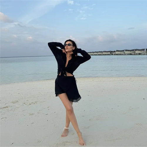 Load image into Gallery viewer, Summer Beach Two Piece Sets Women Long Sleeve Shirt And Mini Skirt Female See Through Loose 2 Piece Set Beachwear
